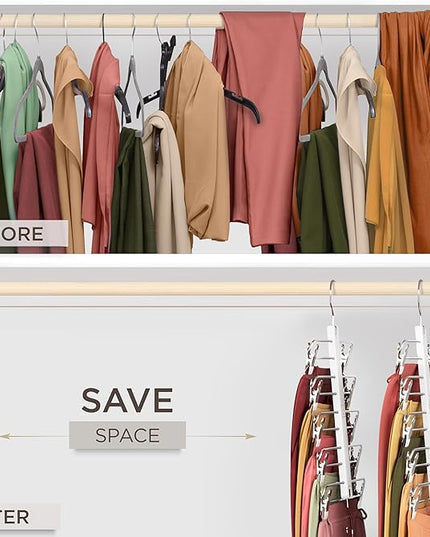 MORALVE Skirt Hangers Space Saving with Clips - 2 Pack - European Beechwood 5-Tier Hanger for Shorts, Skirts, and Pants - Closet Organizer and Storage Solution for Women with 360° Swivel Hook