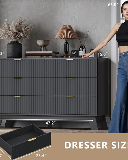 BORNOON Fluted 6 Drawer Dresser, 47.2" Wide Modern Boho Chest of Drawers, Wooden Storage Dresser TV Stand for Bedroom, Living Room, Closet, Hallway, Curved Profile Design