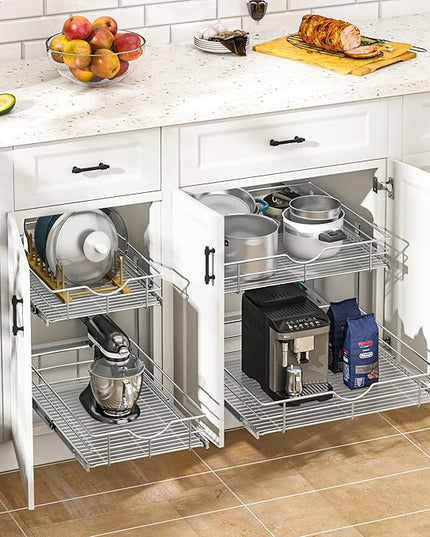 WelFurGeer 2-Tier Kitchen Cabinet Pullout Shelf and Drawer Organizer, Soft Close Pantry Pull Out Shelves, Heavy Duty Pull Out Cabinet Organizer with Shelf Liner for Kitchen Cabinets, Pantry Storage