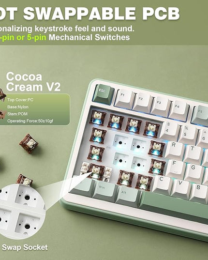 YUNZII B75 PRO Wireless Mechanical Keyboard,75% Layout with Knob,Hot Swap Gasket Structure,Creamy Pre-lubed Switches,RGB Backlit,Bluetooth/Type-C/2.4G for Win/Mac (Matcha Green, Cocoa Cream V2 Switch)