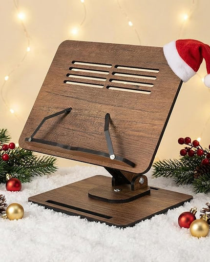 Vigo Wood Book Stand for Reading 360° Adjustable, Wooden Laptop Stand, Cookbooks Holder, Music Scores, Featuring Multi-Height Angles and Foldable Design with Page Clips.
