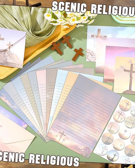 TaoBary 160 Pcs Stationery Paper Set 50 Double Sided Stationery Papers with 50 Matching Envelopes and 60 Round Dot Sticker, 10 Design(Religious Letter with Cross,5.5 x 8.25 Inch)