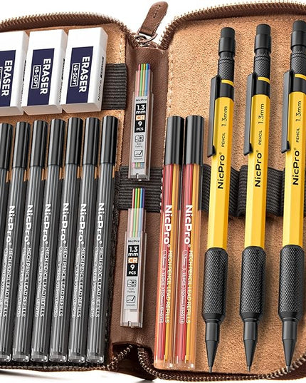 Nicpro 21PCS 1.3 mm Mechanical Pencil Set in Leather Bag with 138 Lead Refill, Eraser, Eraser Refills - Weatherproof Metal Barrel, Heavy Duty Carpenter Pencil for Outdoor Marking Drawing Woodworking