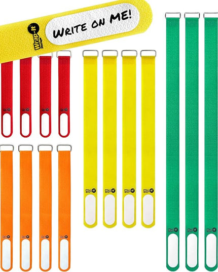 Wrap-It Storage Cinch-Straps (Assorted 16 Pack) Hook and Loop Straps with Metal Buckles and Write on Labels for Easy Cord Identification, Waterproof, Reusable, Multi-Purpose, Adjustable