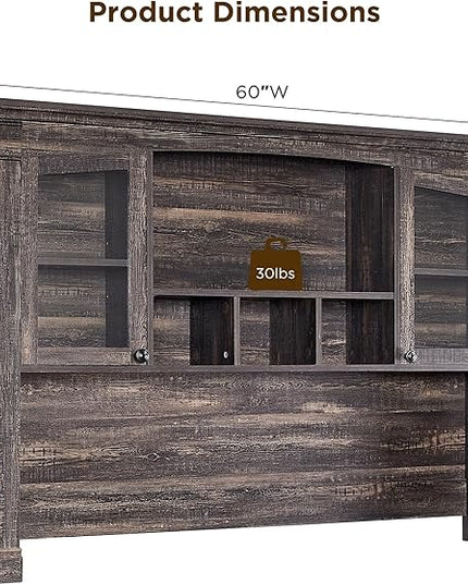 OKD Farmhouse Hutch for 60" Executive Desk, Office Desk Storage Cabinet with Glass Doors and Shelves, Top Hutch Organizer for Home Office - Dark Rustic Oak