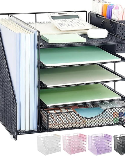 OUTIOE Desk Organizer with Drawer and Pen Holder, 5-Tier Paper Letter Tray Organizer with File Holder, Suitable for Workspace Organizer Office Supplies Storage (Black)