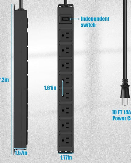 HHSOET Magnetic Mount Power Strip, 8 Outlet Mountable Socket, Metal Heavy Duty Surge Protector, Gaming Table Outlet, Easy to Fix Without Drilling or Taping, 10FT Extension Cord.(Black)