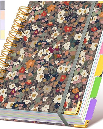 Hardcover Spiral Notebook journal with Removable Dividers Tabs, 300 Pages Leather 5 Subject Notebook College Ruled, 100GMS Notebooks for Work School Note taking,Lined Journal for Women,A5-Flower