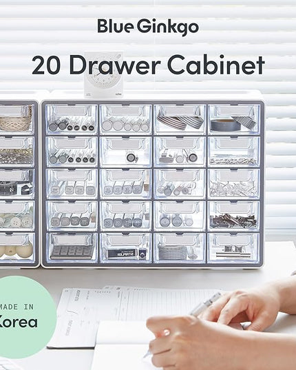 Blue Ginkgo Small 20-Drawer Cabinet – Stackable Clear Organizer for Hardware, Beads, Plastic Bricks, Office, and Craft Storage (Made in Korea, Gray)
