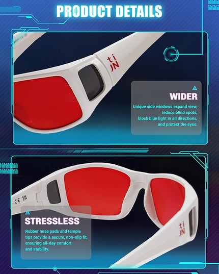 TIJN Sonia Sleep Glasses for Blue & Green Light Blocking,Red Lens with Dual AR Coating,Wraparound Frame for Gaming Screen