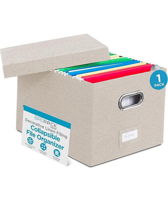 Internet's Best Collapsible File Storage Organizer Box with Lid - Decorative Linen Hanging Filing & Storage Office Box - Letter/Legal - Strong Durable - Toys Blankets Binders - Cream - 1 Pack