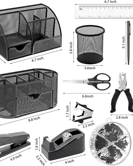 17 in 1 Black Desk Organizers and Accessories Set, 3 Office Desk Supplies Storage Organization, 4 Pens, Stapler, Staples & Remover, Tape & Dispenser, Scissors, Ruler, Clips, Hole Punch, Back to School
