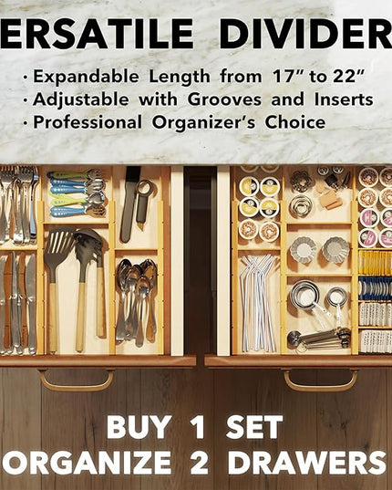 SpaceAid Bamboo Drawer Dividers with Inserts and Labels, Kitchen Adjustable Drawer Organizers, Expandable Organization for Home, Office, Dressers, 10 Dividers with 24 Inserts (17"-22" Natural)