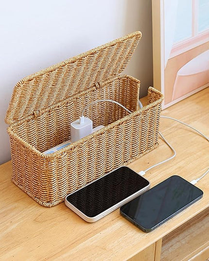Cable Management Box, Handmade Woven Cable Organizer Cords Hider with Locked Cover Desk Cord Organizer Management for TV, Computer, Router, USB Hub to Hide Cords & Power Strip.