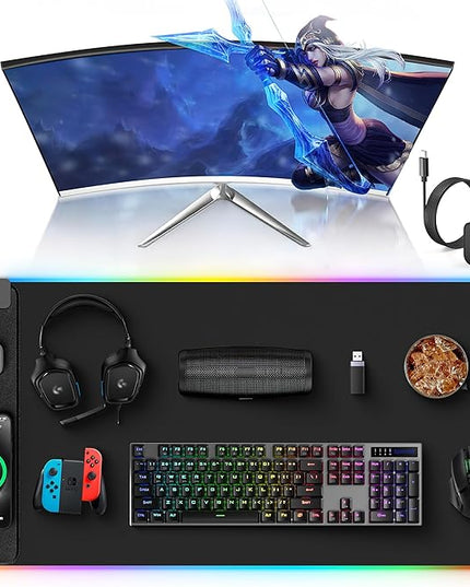 TopMade RGB Gaming Mouse Pad with 15W Wireless Charging, 31.5” x 15.8” XXL Large Desk Mat Home Office Keyboard Pad for Desk, Waterproof Mousepad with 4 Light Modes & 11 RGB Colors, Classic Black