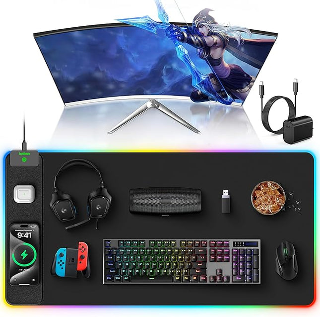 TopMade RGB Gaming Mouse Pad with 15W Wireless Charging, 31.5” x 15.8” XXL Large Desk Mat Home Office Keyboard Pad for Desk, Waterproof Mousepad with 4 Light Modes & 11 RGB Colors, Classic Black