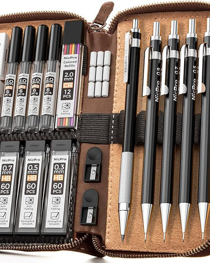 Nicpro 29PCS Black Metal Mechanical Pencil Set in Leather Case, 0.3, 0.5, 0.7, 0.9 & 2mm Lead Pencil Holder, (6B 4B 2B HB 2H 4H) Lead Refills (Black & Colors), Eraser For Art Drafting Sketching