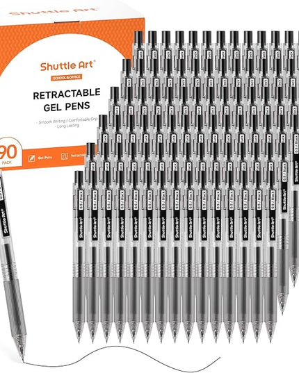 Shuttle Art Black Gel Pens, Ink Glide Series 90 Pack Retractable 0.5mm Fine Point Rollerball Gel Ink Pens Bulk Set Quick Drying Smooth Writing with Grip for Journaling Note Taking Office School Home