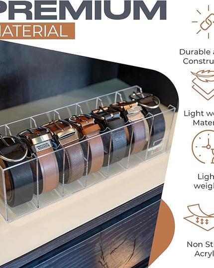 Targum Belt Organizer for Large Buckles – Extra-Wide Acrylic Belt Organizer with 7 Compartments for Closet and Drawer