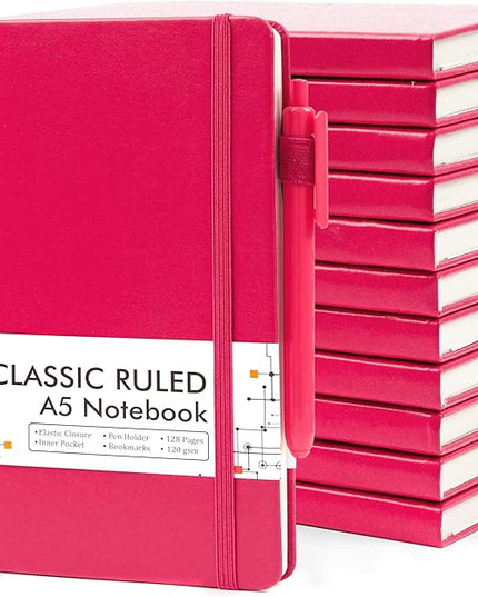 feela 12 Pack Notebooks Journals Bulk, Hardcover Notebook Classic Ruled Lined Journals with Pen Holder for Women Girls School Business Supplies, with 12 Black Pens, 120 GSM, 5.1”x8.3”, A5, Berry
