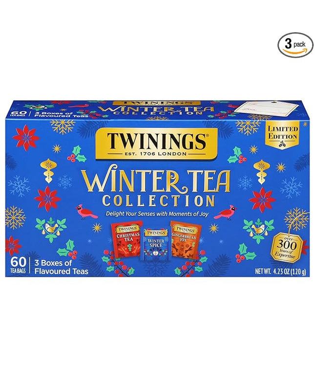 Twinings Winter Tea Collection, Limited Edition Holiday Gift Box, 20 Count (Pack of 3), Includes Christmas Tea, Winter Spice, and Gingerbread Joy, Enjoy Hot or Iced, 60 Teabags