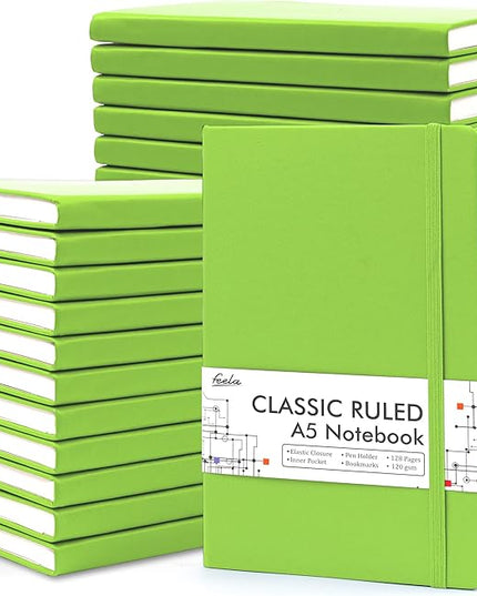 feela 24 Pack Journal Notebook Bulk for Work, Business Notebook Hardcover Lined Writing Journal with Pen Holder for Men Women Note Taking, with 24 Black Pens, 120 GSM, 5.1”x8.3”, A5, Green
