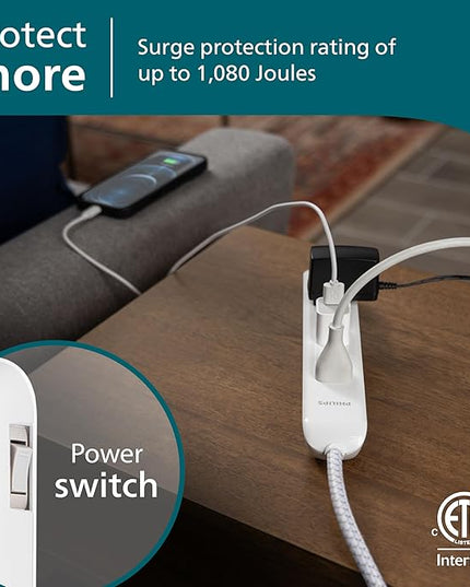 Philips 6 Outlet Power Strip Surge Protector, 6 Ft Power Cord, Designer Braided Extension Cord, Flat Plug, Perfect for Office or Home Décor, 1080 Joules, White, SPC3054WA/37