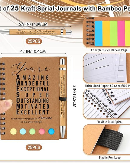 Jetec Inspirational Notebooks Bulk Spiral Notebook with Sticky Notepad Motivational Pens Valentines Day Gifts for for Employee Coworker Nurse Staff Teacher Nurse Volunteer(25 Sets,Amazing)
