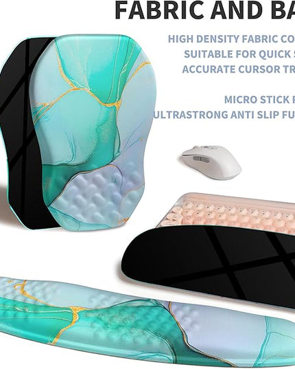 2-in-1 Ergonomic Set, Wave Keyboard Wrist Rest and Massage Slope Mouse Pad Wrist Support, Rebound Memory Foam for Relieve Carpal Tunnel Syndrome and Wrist Pain (Green Gold Marble)