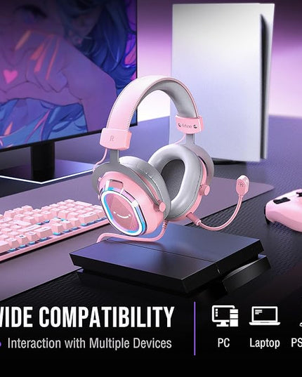 FIFINE Wired RGB Gaming Headset, PC Over-Ear Streaming Headset with USB, 7.1 Surround Sound, Noise-Cancelling Mic, Soft Ear Pads, 4 EQ Modes for PC, Laptop, Mac, PS4, PS5 - AmpliGame H13P (Pink)