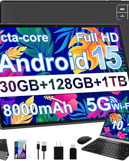 SUAAT Android 15 Tablet 30GB RAM 128GB ROM 1TB Expand, 10.1 Inch Tablets with Keyboard Mouse, Octa-Core, 8000mAh, HD IPS Display, 5G WiFi BT 5.0 GPS, Widevine L1, Gemini AI, Dual Camera - Black