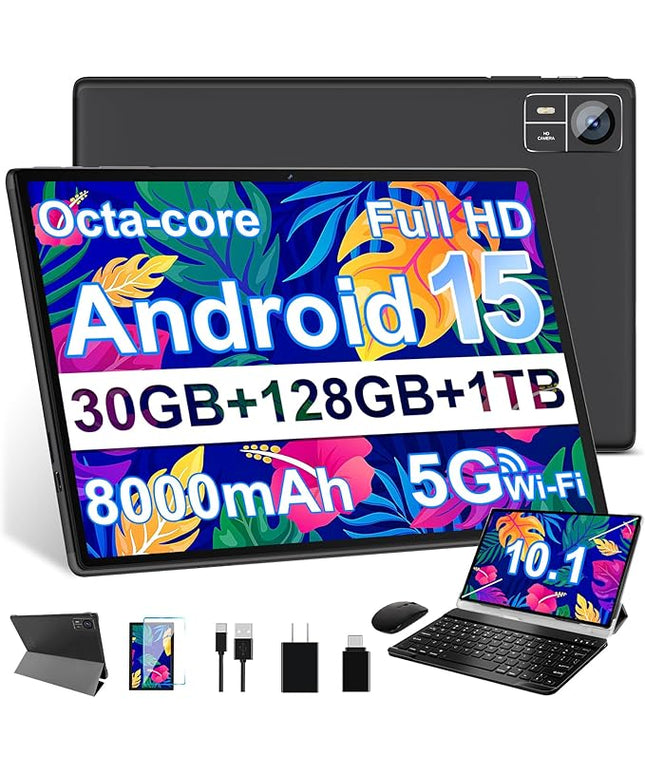 SUAAT Android 15 Tablet 30GB RAM 128GB ROM 1TB Expand, 10.1 Inch Tablets with Keyboard Mouse, Octa-Core, 8000mAh, HD IPS Display, 5G WiFi BT 5.0 GPS, Widevine L1, Gemini AI, Dual Camera - Black
