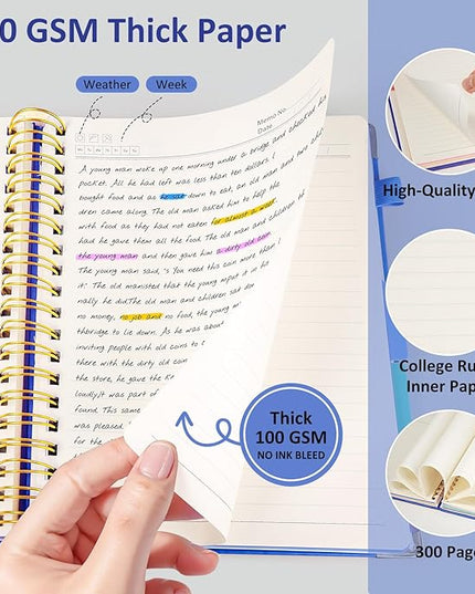 Hardcover Spiral Notebook Journal, 8"x10" Large B5 Notebooks with Removable Dividers Tabs, 300 Pages Leather 5 Subject Notebook College Ruled, Journal for Work School Note, 100 GSM Thick Paper,Blue