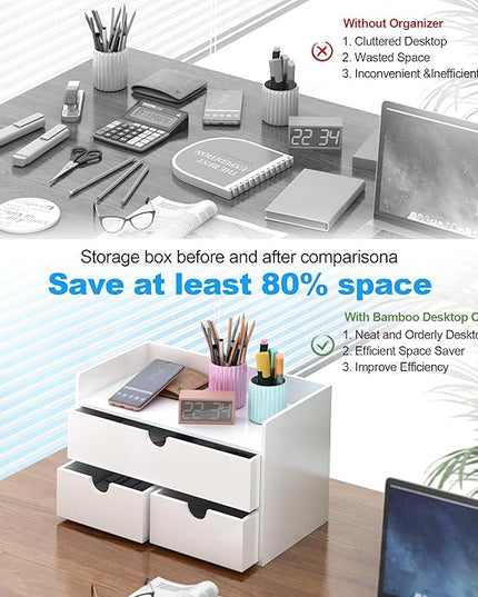 Bamboo Desk Organizer with Drawers Desktop Storage Drawers for Bills Office Supplies Kitchen Utensils Organizing Tool for Home Classroom Organization No Assembly (White with Shelf)