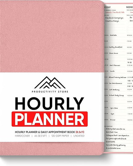 Hourly Planner & Appointment Book (8.5” x 11”) - Premium Hourly Planner with Daily Schedule & 30-Minute Time Slots for Better Time Management by PRODUCTIVITY STORE (A4, Pink)