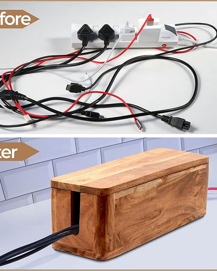 Large Cable Management Box - Acacia Wood - Cable Organizer Box and Power Strip Box for Electrical Cord Management - Hide Desk Cord and Floor Cables - Wire Storage and Organization for Cords