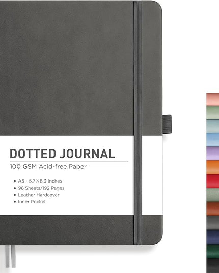 RETTACY Bullet Dotted Journal Notebook, 192 Pages, A5 Medium Size (5.7'' x 8.3''), Leather Hardcover, 100 GSM Thick Paper, for Bullet Journaling, Planning, Tracking (Gray)