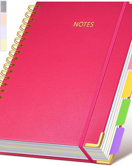 Hardcover Spiral Notebook 8.5"x11" Journal with Removable Dividers Tabs, 300 Pages Leather 5 Subject Notebook College Ruled, Large A4 Notebooks for Work School, Lined Journal for Women, A4 Rose