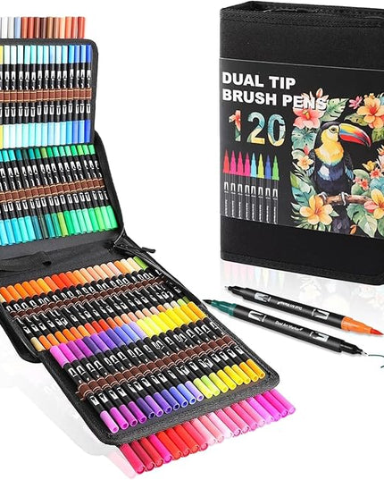 Dual Tip Markers, Brush Art Markers Set with Fine Tip and Brush Tip for Adult Coloring Book, Hand Lettering, Calligraphy & Drawing, Professional Art Supplies Kit for Adults (120 Colors)