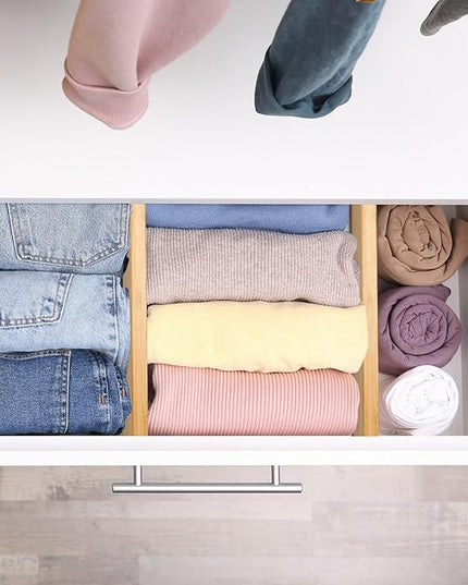 Fabsome Dresser Drawer Organizers 6 Pack, 4.65'' High Adjustable from 12.5-17‘’ Bamboo Drawer Dividers for Clothing Baby Clothes, Wooden Separators for Dresser Nursery Organization with Soft Foam Ends