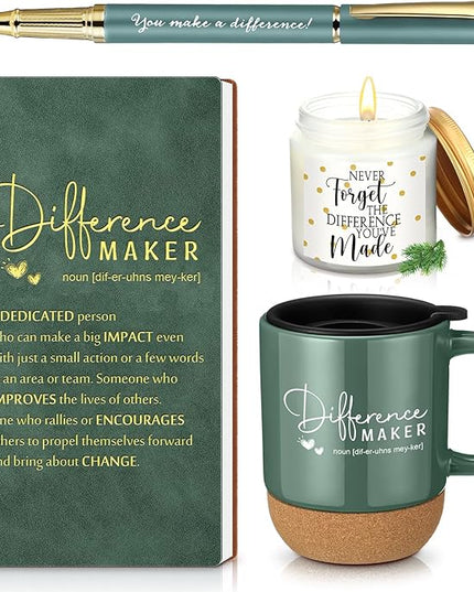 4 Pcs Difference Maker Gift for Women Men Teacher Employee Appreciation Gift for Coworker Staff Coach Difference Maker Mug Notebook Scented Candle Motivational Ballpoint Pen for Valentines(Dark Green)