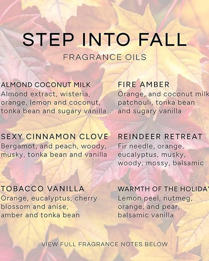 Eternal Essence Oils Step Into Fall Set of 6 Premium Fragrance Oils - Almond Coconut Milk, Fire Amber, Sexy Cinnamon Clove, Reindeer Retreat, Tabacco Vanilla, and Warmths of The Holidays - 10ML