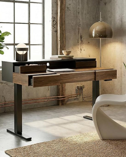 ErGear Electric Standing Desk with 5 Solid Wood Drawers, 48 x 26 Inches Whole Piece Desktop, with Desktop Riser Stand, Compatible with C-Clamp Monitor Arms, Modern Office Desk, Dark Walnut