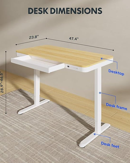 FLEXISPOT Comhar Electric Standing Desk with Drawers Charging USB Port, Height Adjustable 48" Whole-Piece Quick Install Home Office Computer Laptop Table with Storage (Maple Top + White Frame)