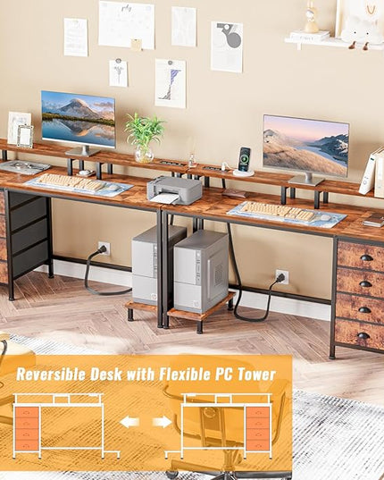 Furologee 55 Inch Computer Desk Gaming with 4 Fabric Drawers with Power Outlets and LED Lights for Home Office with Full Monitor Stand and Shelf Study Table for Small Spaces Rustic Brown