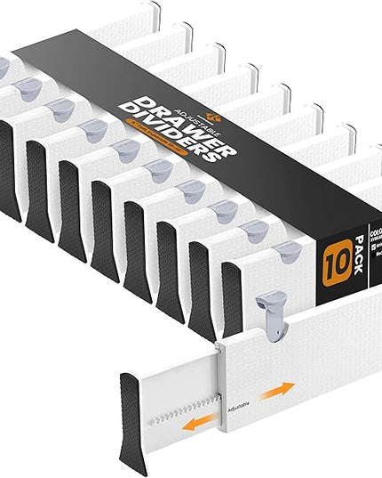 RAPTUROUS Adjustable Deep Drawer Divider – 5" Tall, Expandable 13-22", 10-Pack, Non-Slip Drawer Dividers for Clothes, Dresser, Kitchen & Office Organization (White)