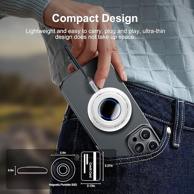 FP108 500GB Magnetic Portable SSD, External Solid State Drives with PD-100W and 2050MB/s USB-C 3.2 Gen 2x2, Play While Charging, Compatible with iPhone 16/15 Pro Max, Android, PC, Mac, Switch Lite