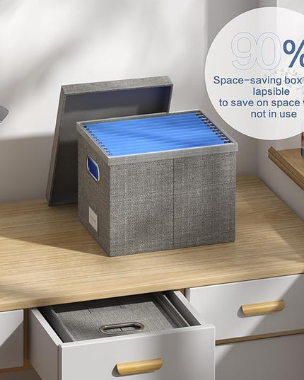 File Organizer Box - File Boxes for Hanging Files with Lid Set of 4 Decorative Hanging Folders Organizer with One-Piece Plastic Frame Slides (Grey, 13.2 * 10.1 * 10.1in(4Pack))