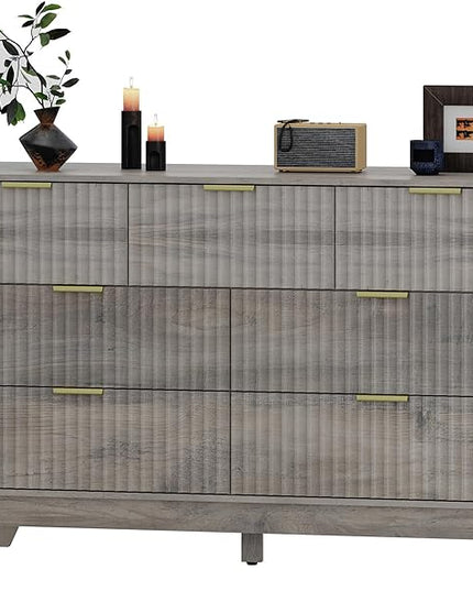 HUANLEGO Fluted Dresser for Bedroom with 7 Drawer, Mid Century Modern Chest of Drawers, 48" Wide Natural Wood Dresser for Closet, Wooden Boho Chest Closet Storage TV Stand for Bedroom, Grey