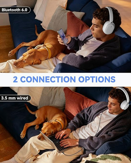 Hybrid Active Noise Cancelling Headphones, Over Ear Bluetooth 6.0 Wireless Headphones, 50H Playtime, Deep Bass, HiFi Stereo Sound（White）